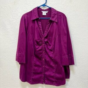 Fred David Woman 1X Button Down Top 3/4 Sleeve Purple Blouse